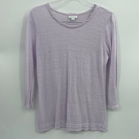 J. JILL Womens Love Linen Shirt Size M Lavender Textured Knit 3/4 Sleeve Pom Pom - Picture 1 of 6